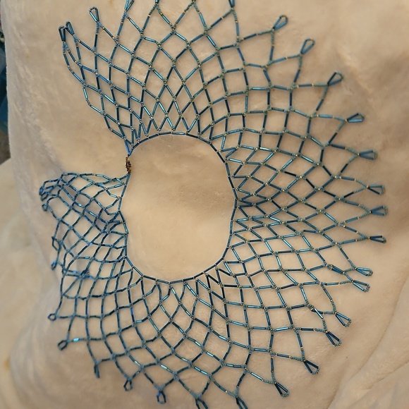 HANDMADE Turquoise Blue Beaded Net Lace Collar Necklace - Picture 7 of 11